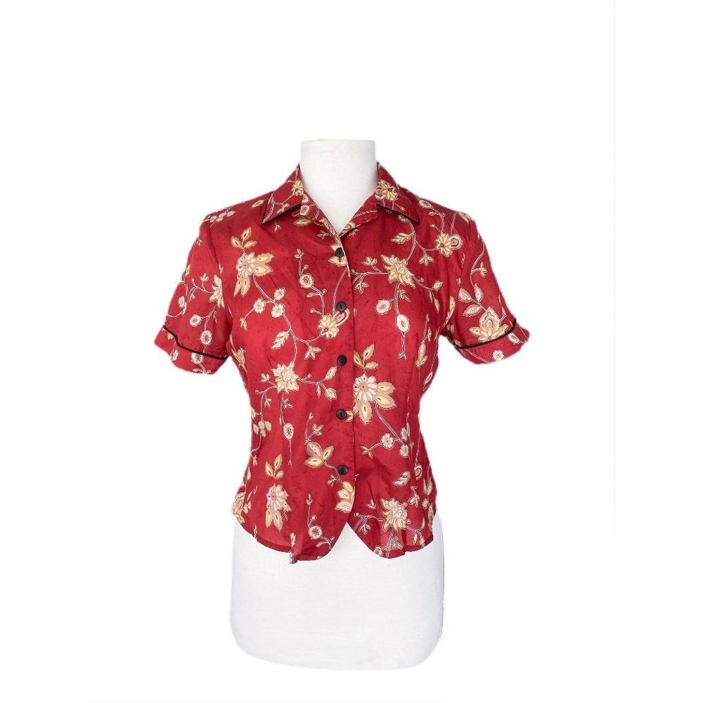 Vintage Red/Gold Silk Button Down Top | Petite